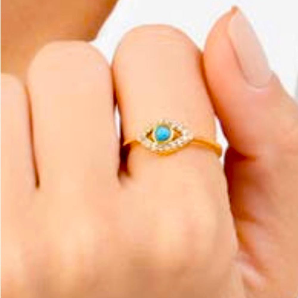 Adorina 14 K gold plated turquoise and Swarovski Crystal accented evil eye ring